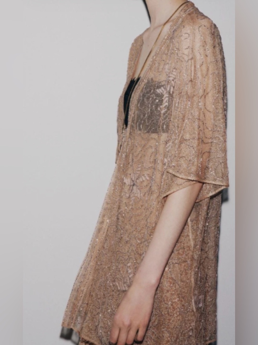 Zara Sequin Beaded Embroidered Kimono Blouse Kaftan Sheer Beige Pink Med - Large - Picture 4 of 16